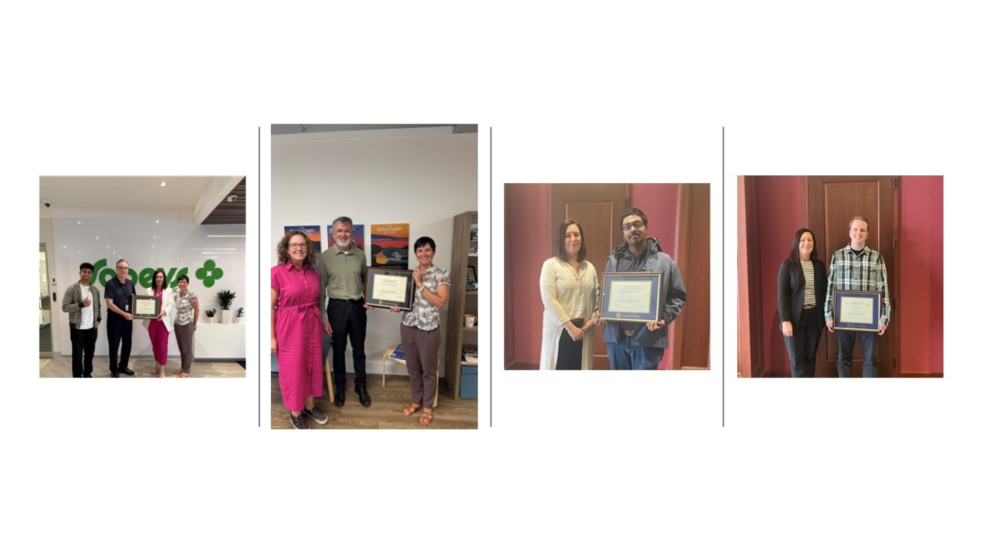 Stephanie Power and Sarah McKenna presenting co-op awards to Marshall Hamilton, Pictou County Partnership, Hariprasad Sivapatham Anand and Cameron MacNeil