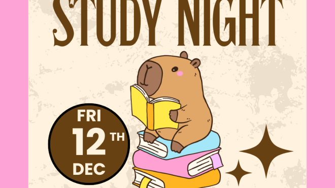 Beige background with pink border, cute animal reading a yellow book, sitting on a stack of books text inviting to December 12th Study Night at Bloomfield Hub