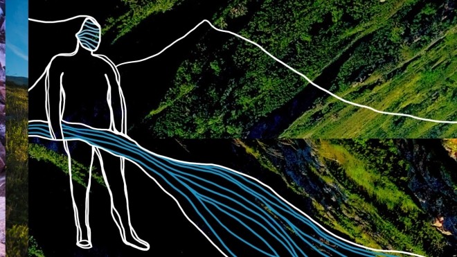 Abstract human with green pastures in background