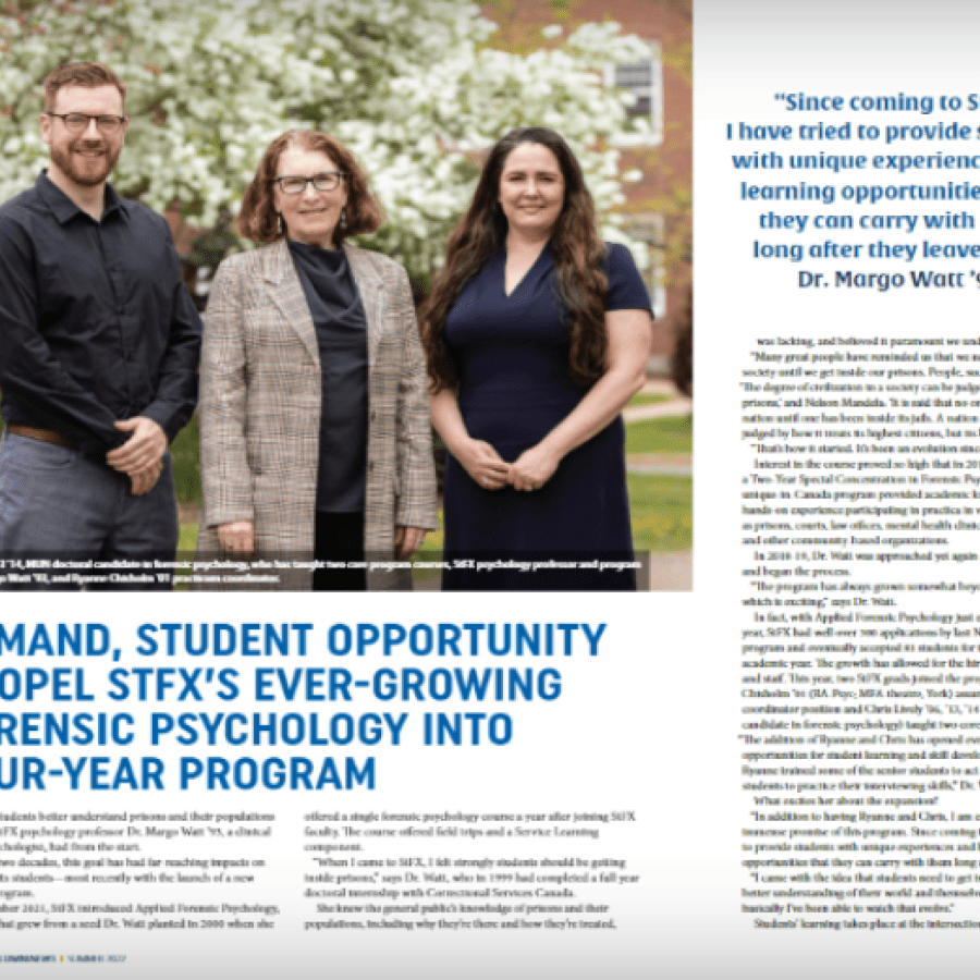 Clipping of an Alumni News story with a photo of 3 people and text