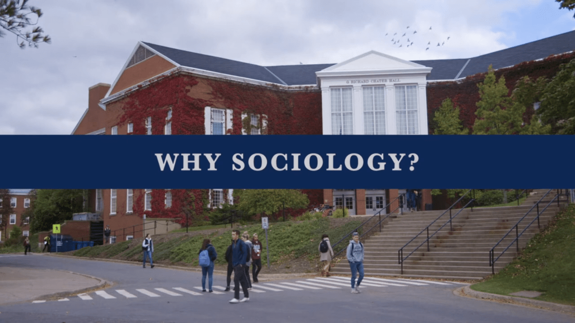 StFX Campus facing Library with &quot;Why Sociology&quot; written on the screen