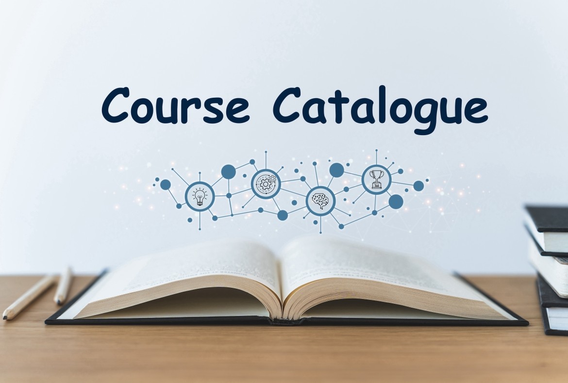 150 / 5.000 Resultados de tradução Resultado da tradução An open book on a table, above the book there is the title Course Catalog written along with several connected icons representing the studies.