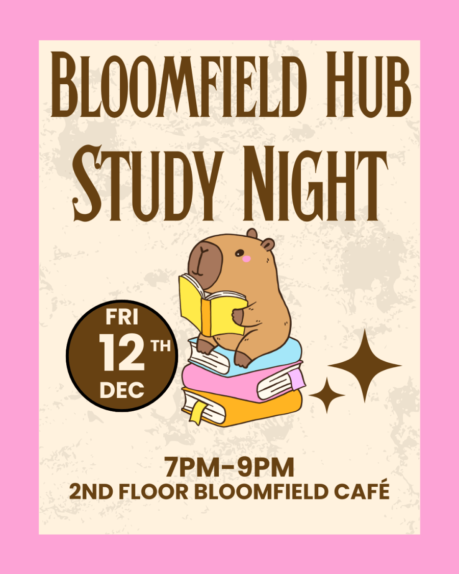 Beige background with pink border, cute animal reading a yellow book, sitting on a stack of books text inviting to December 12th Study Night at Bloomfield Hub