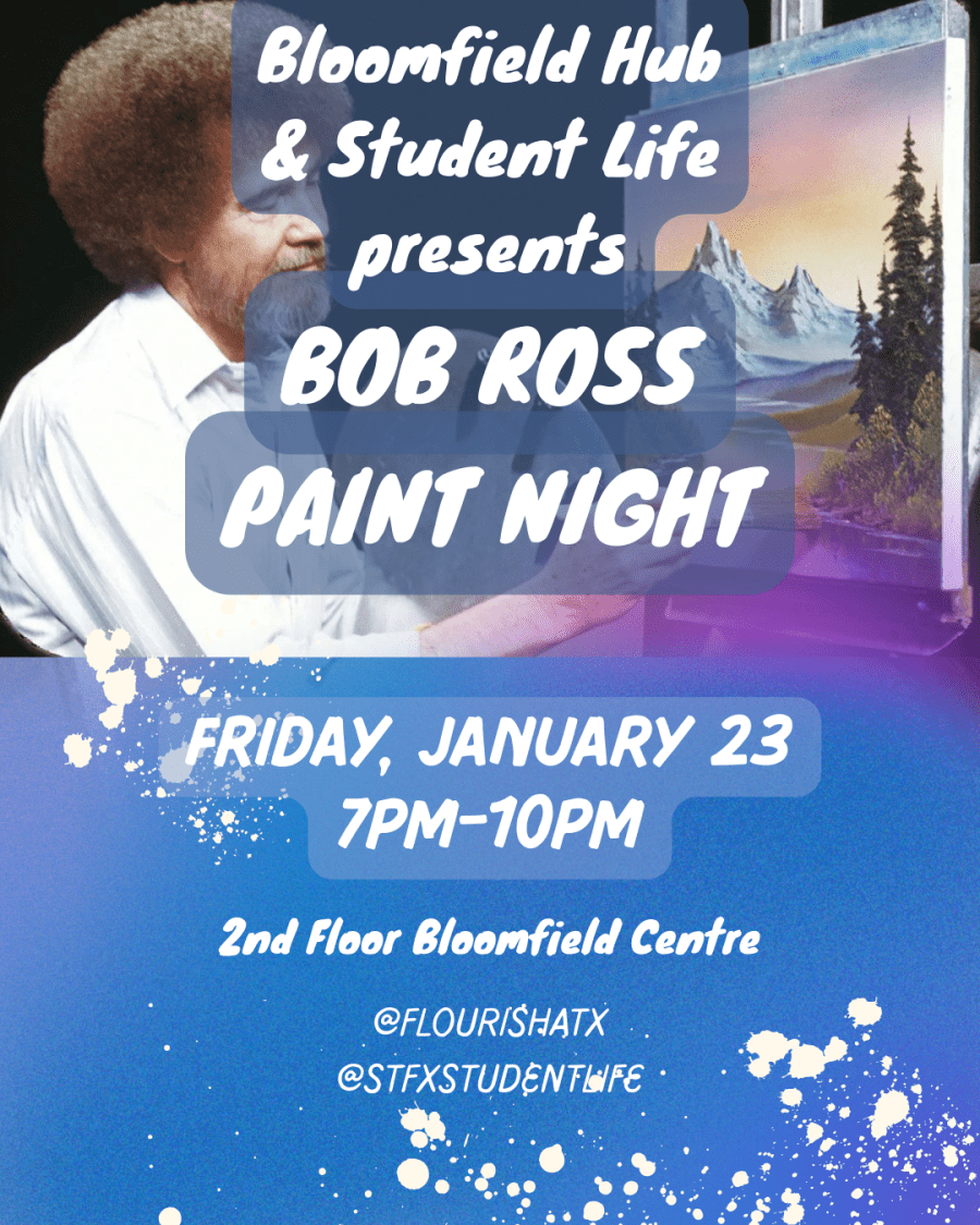 Blue background and Image of Bob Ross with text inviting reader to Jan 23 Bob Ross Paint Night at Bloomfield Hub