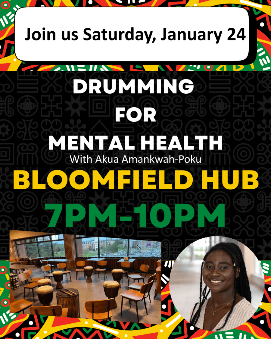 Colourful background with text inviting viewer to Jan 24 Drumming for Mental Health at Bloomfield Hub