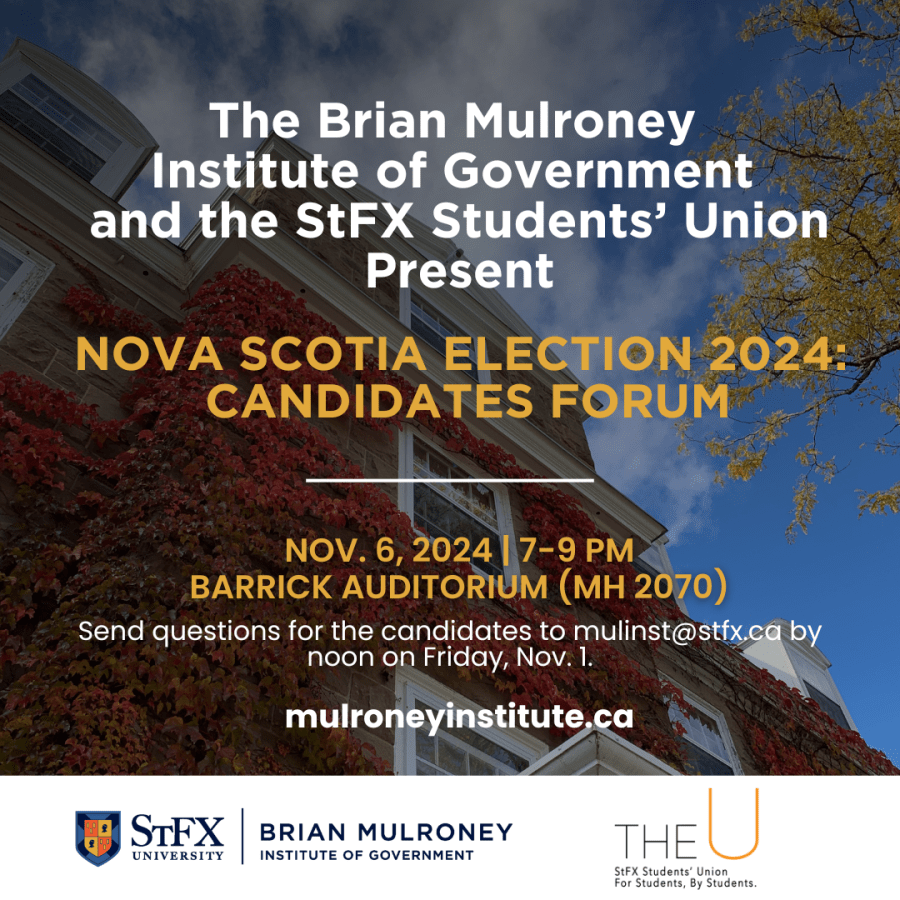 Provincial election forum announcement with building and sky in background.