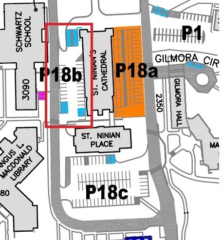 Campus parking map with St. Ninian Place area highlighted