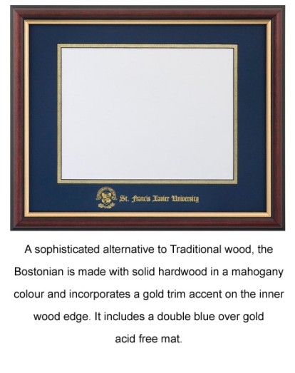 A sophisticated alternative to Traditional wood, the Bostonian is made with solid hardwood in a mahogany colour and incorporates a gold trim accent on the inner wood edge. It includes a double blue over gold acid free mat