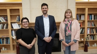 NSERC Canada Graduate Scholarship recipients MacKenzie Le Vernois and Alexandra Reinhart pose with the Hon. Sean Fraser