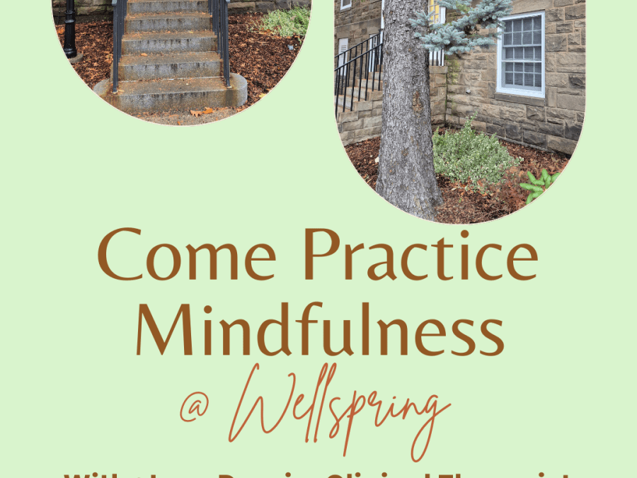 Poster in shades of green, brown, and beige, with an invitation to come practice mindfulness at Wellspring located at St Francis Xavier University on Tuesdays from 6:30 to 7:30pm