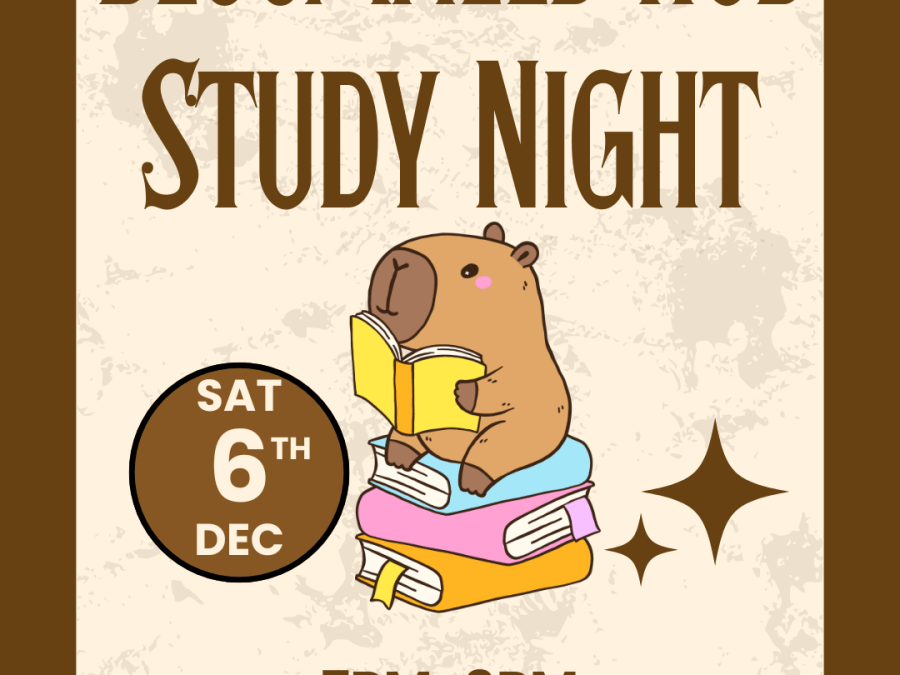 Beige background with dark brown border, cute animal reading a yellow book, sitting on a stack of books text inviting to December 6th Study Night at Bloomfield Hub