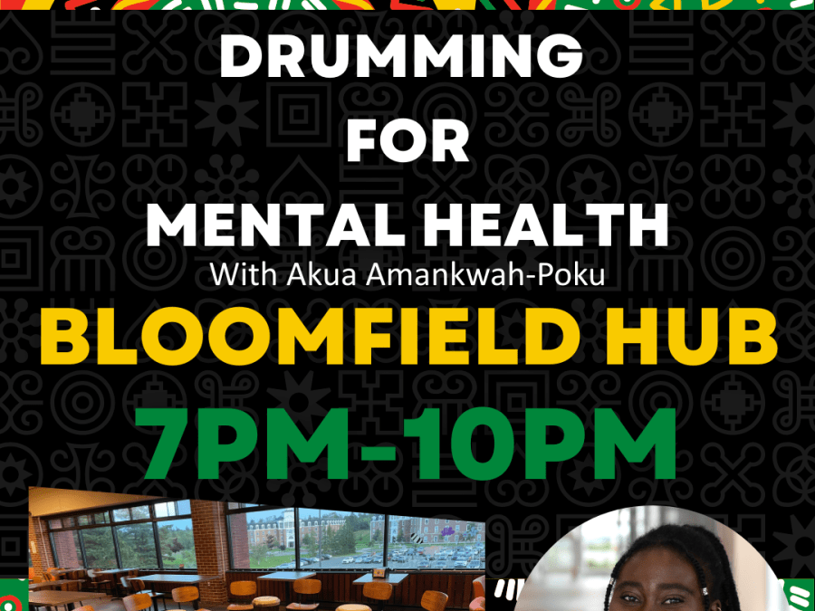 Colourful background with text inviting viewer to Jan 24 Drumming for Mental Health at Bloomfield Hub