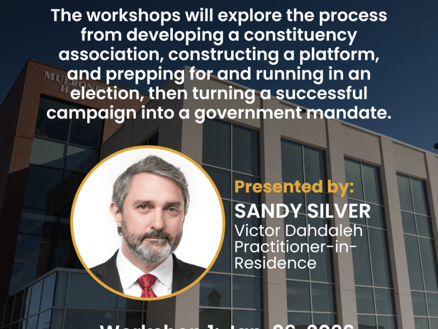 Modern building in the background with headshot of man in suit and tie with text overlaying the background.